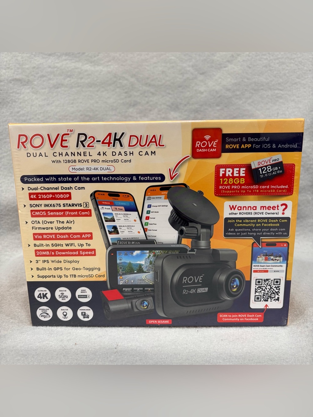 NIB ROVE R2-4K Dual Dash Cam w/ Rear Camera & 128GB Card - Sealed
